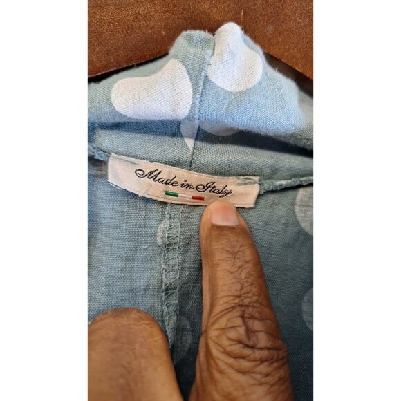 MADE IN ITALY 100% LINEN POLKADOT MOCK NECK SUMMER CASUAL RESORT TOP WOMEN MED. - Picture 2 of 5